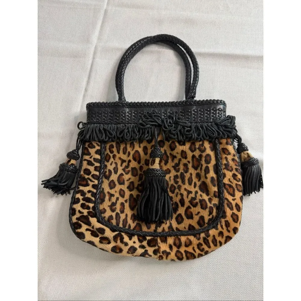 Francesco Biasia Leopard Haircalf Leather Tassel Satchel Top Handle Bag Italy